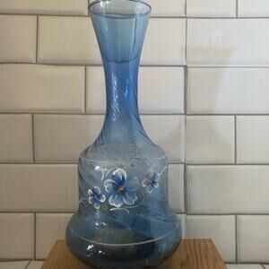 Vintage hand blown, hand painted blue swirl floral art glass